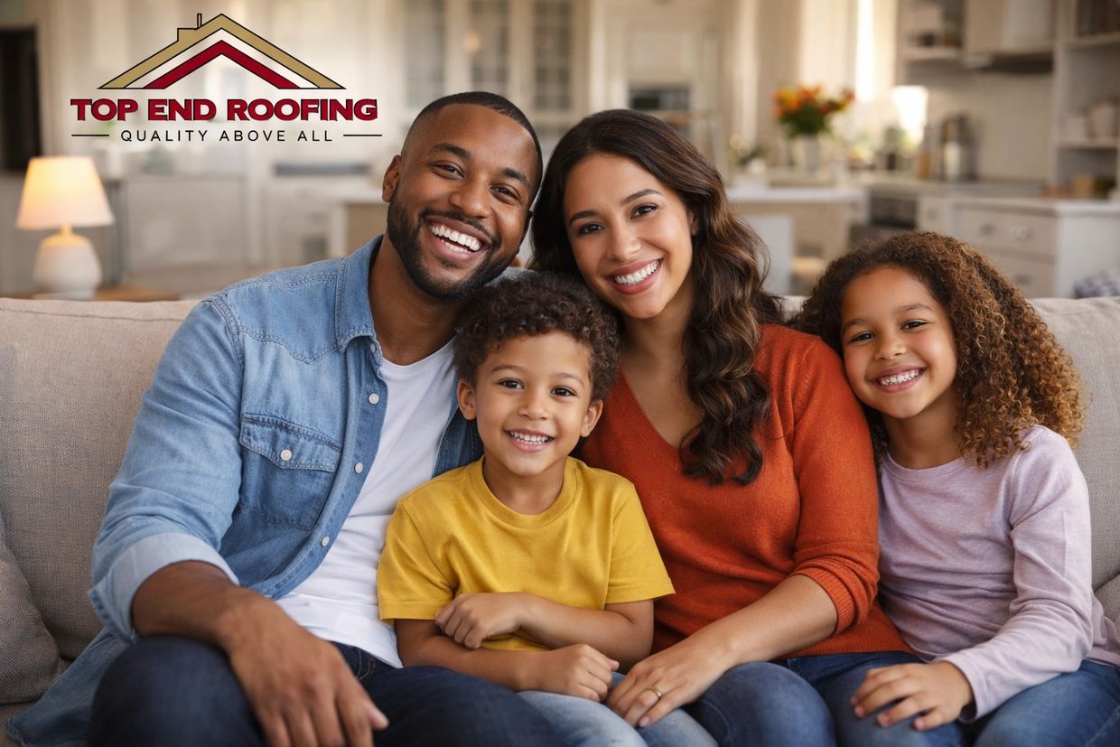 Happy family smiling together on a couch, promoting Top End Roofing.