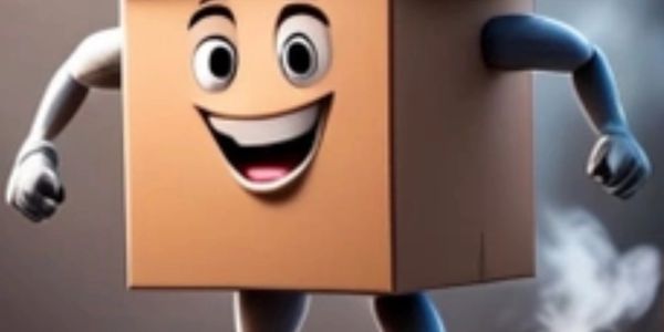 Happy animated cardboard box with arms and legs.
