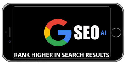 Smartphone screen displaying 'Google SEO AI' with a tagline about ranking higher in search results.