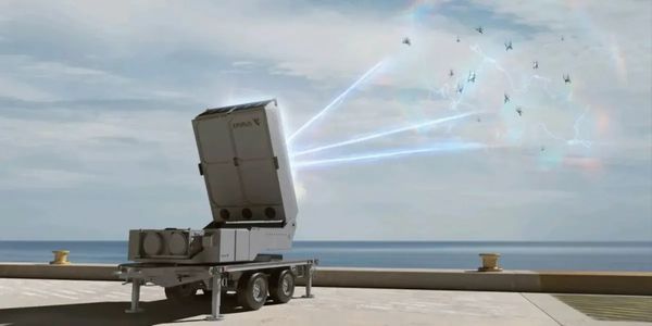 Automated defense system firing at incoming drones.