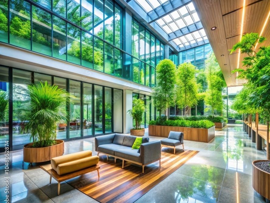 Bright modern indoor garden with seating.