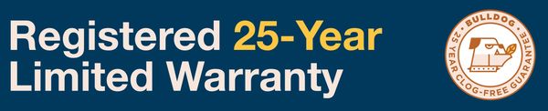 Registered 25-year limited warranty badge with clock icon.