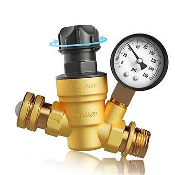 A brass pressure regulator with a gauge and adjustment knob.
