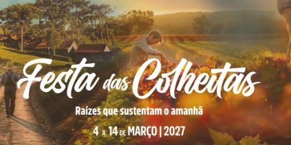 Banner promocional da Festa das Colheitas em março de 2027.