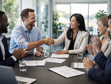 Two businesspeople shaking hands during a meeting while others applaud.