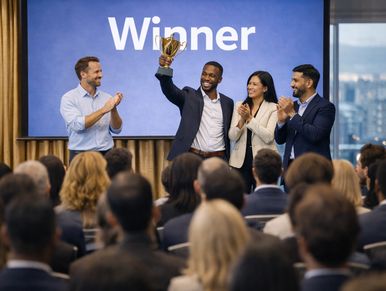 A man celebrates winning an award in front of an applauding audience.