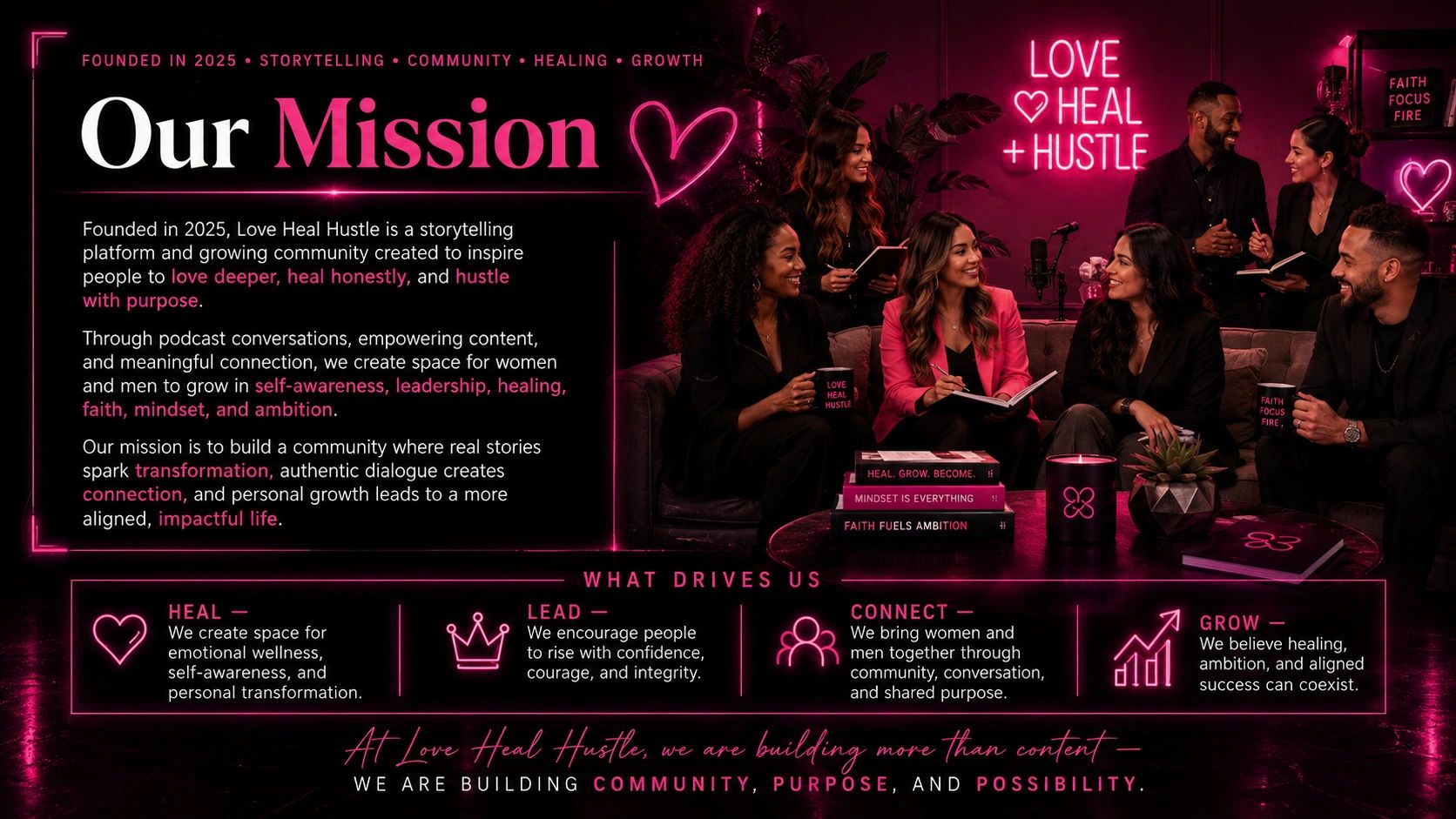 Diverse group discussing growth, healing, and community at Love Heal Hustle.