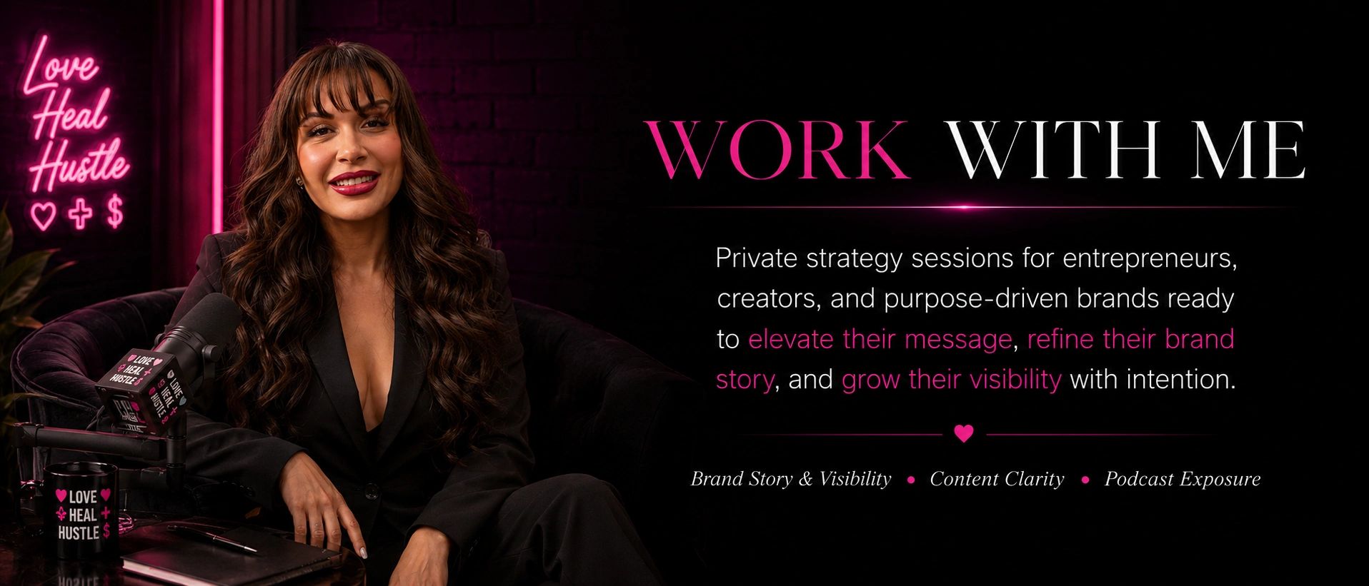 Woman offers private strategy sessions for entrepreneurs and creators, emphasizing brand growth and visibility.