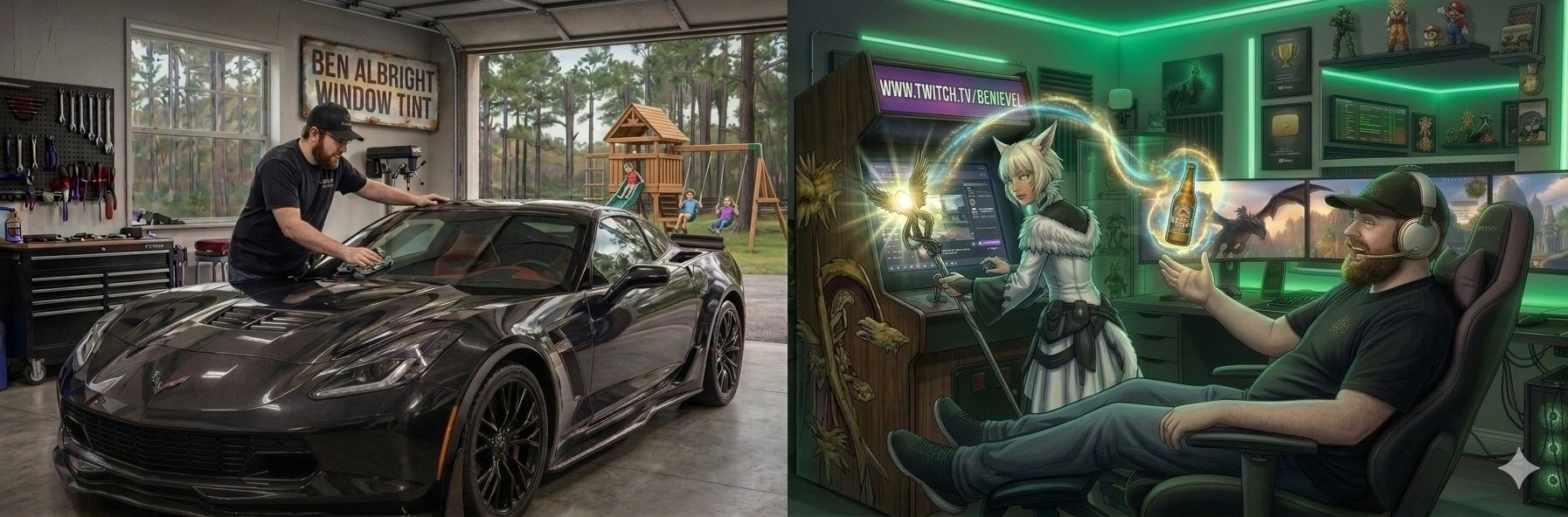 Man cleaning a sleek car in a garage and a gamer with fantasy character in a neon-lit room.
