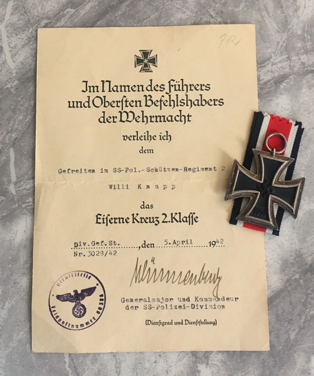 Iron Cross 2nd Class Award and Medal to S.S. Police Gefreiten Willi ...