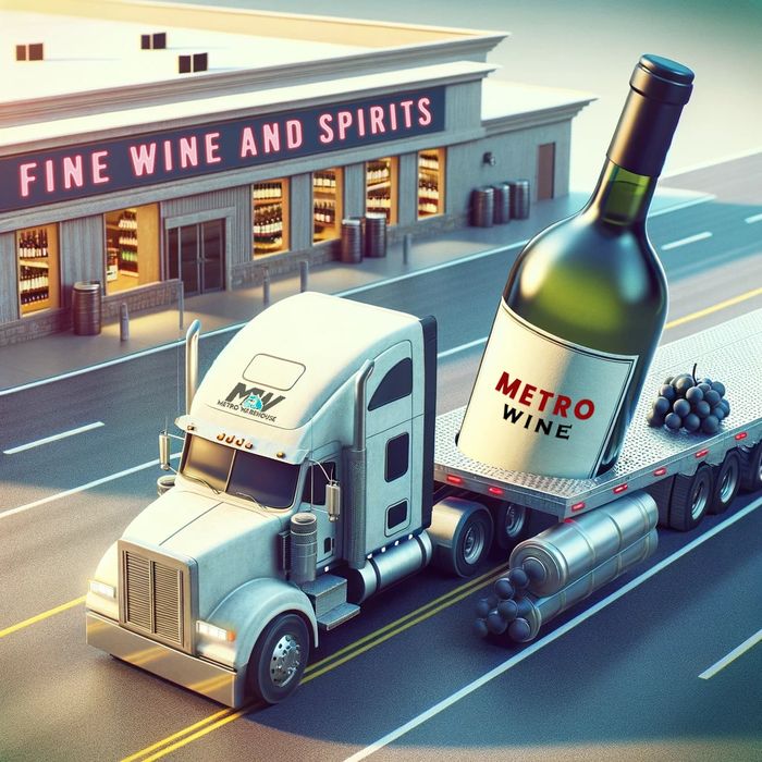 Bottle of Metro wine being delivered on a Metro Trailer outside a PLCB fine wine & Spirits store