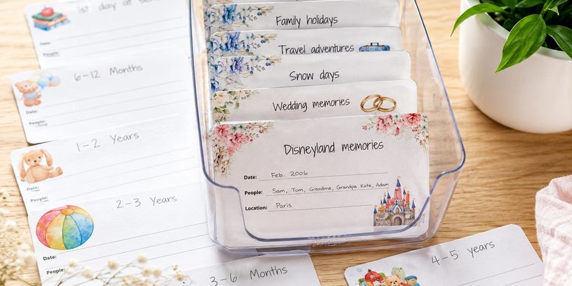 Organized memory cards for family holidays, travel, and special moments in a clear container.