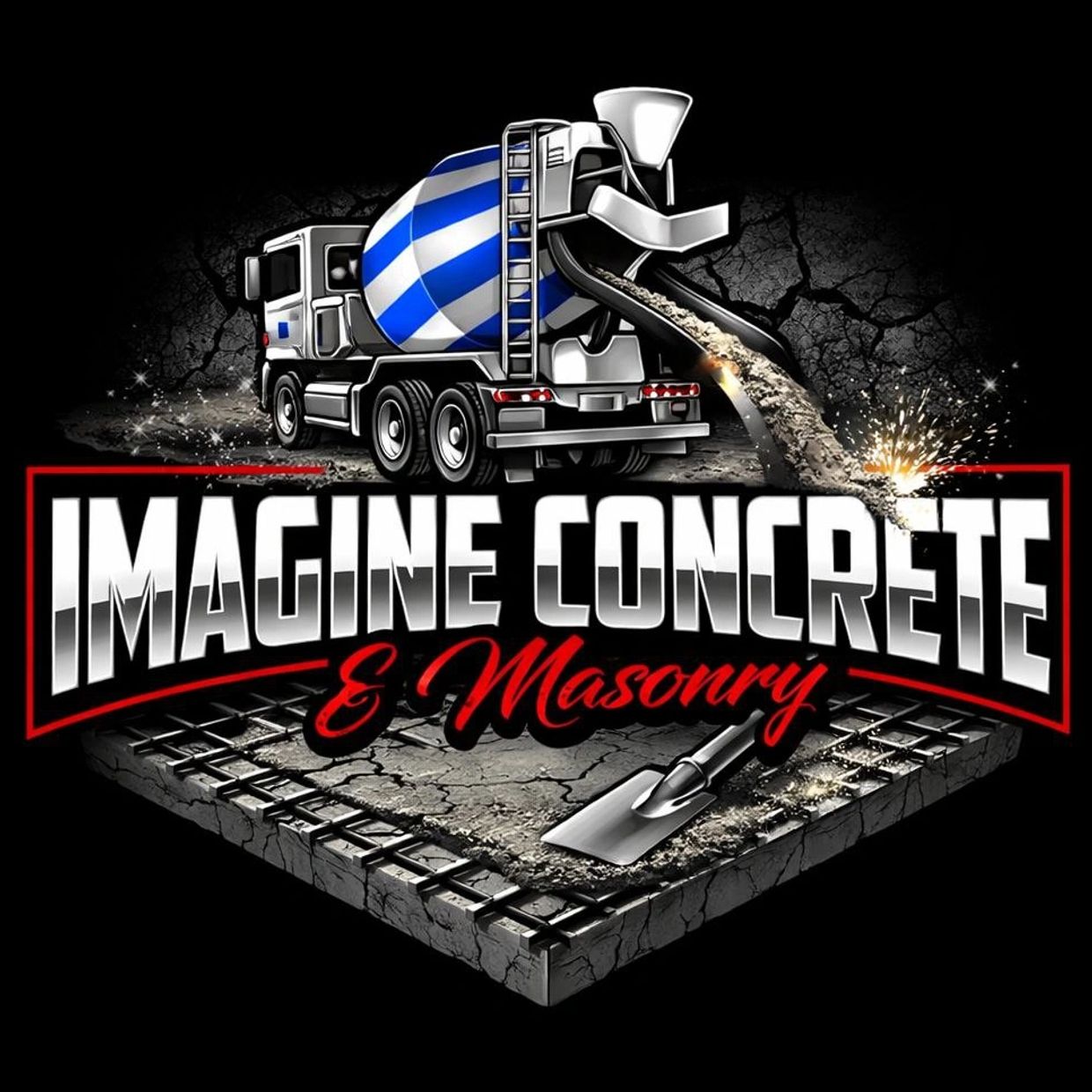 Logo of Imagine Concrete & Masonry with a concrete mixer truck and construction tools.