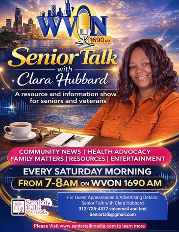Promotional flyer for Senior Talk with Clara Hubbard on WVON 1690 AM.