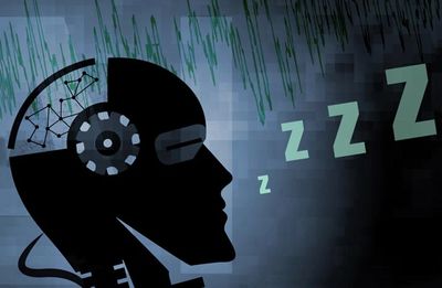 Silhouette of a robot head with brain circuitry, emitting 'zzz' signs symbolizing sleep or inactivity.
