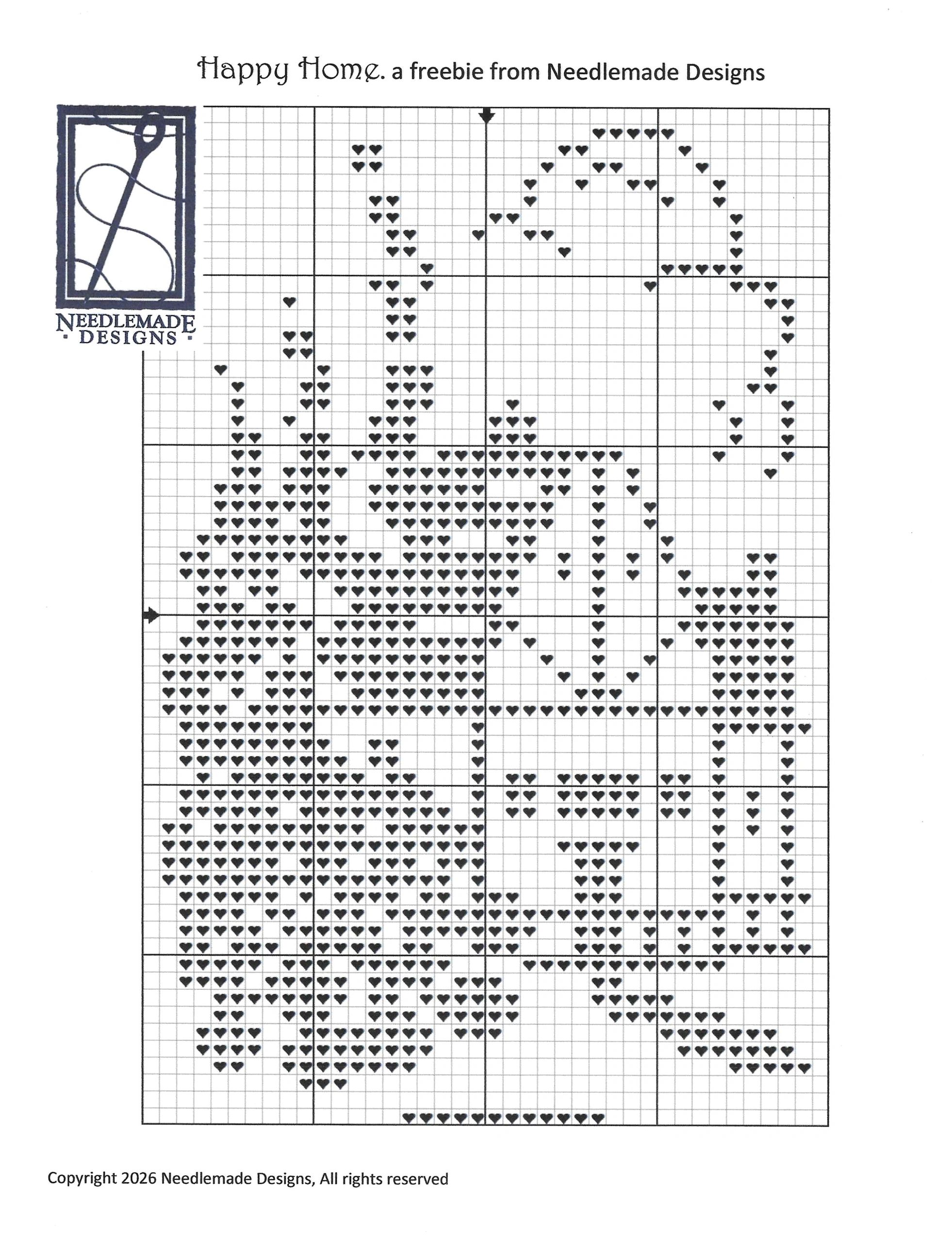 Cross-stitch pattern of a teapot with hearts