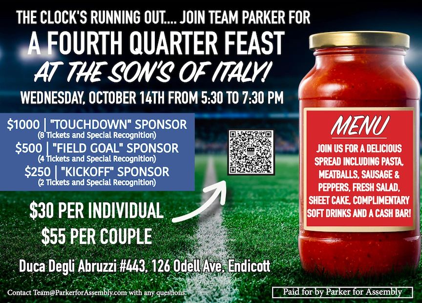 Flyer for a football-themed dinner event at Son's of Italy.