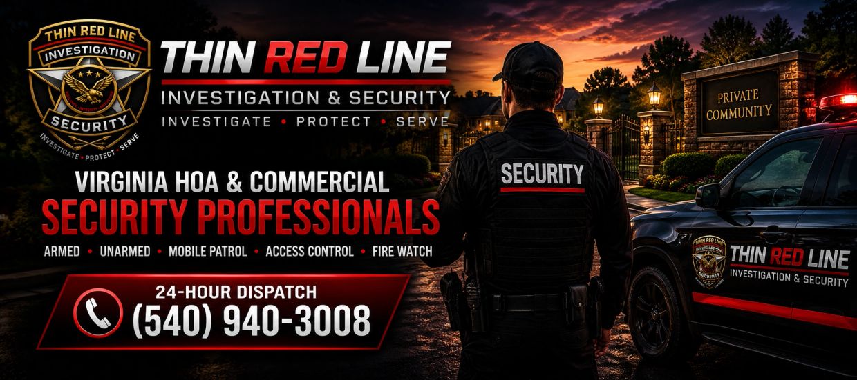Security professional standing guard near a patrol vehicle at a gated community.
