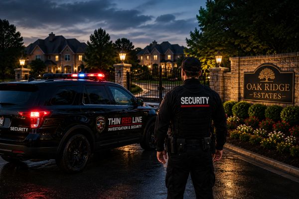 Security guard oversees gated community at dusk.