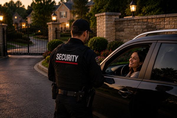 Security guard interacts with woman in car near gated community.