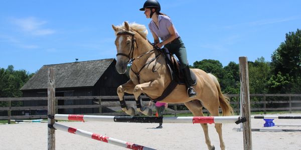 horseback riding lesson with young rider jumping a cross rail on palomino horse. 