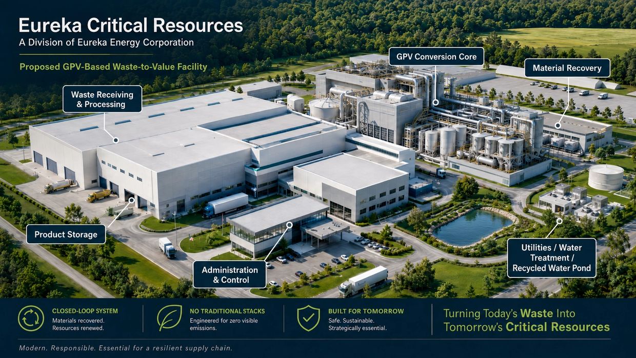 Aerial view of Eureka's waste-to-value facility with labeled sections.