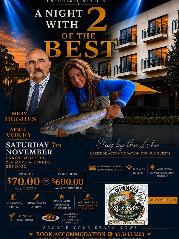 A night with 2 of the Best.
Merv Hughes & April Vokey

Lakeside Hotel Bendigo