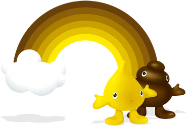happy yellow pee drop and cute brown poop character side by side with fog