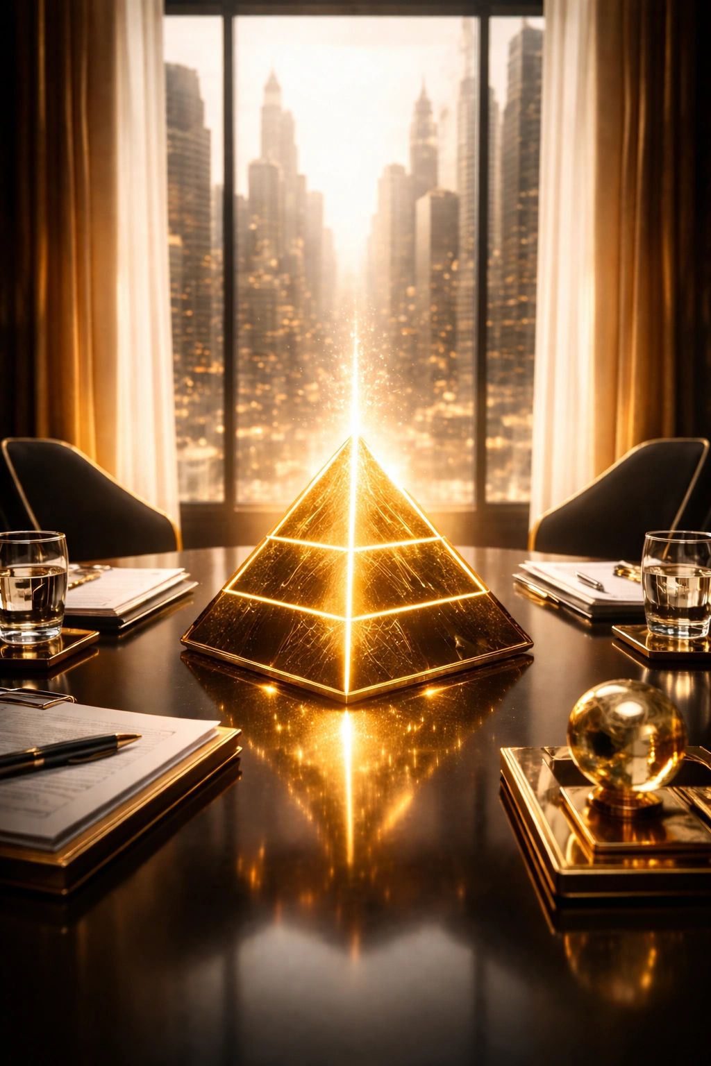 Portal to aligned wealth through disciplined stewardship of healthcare revenue, represented by a glowing golden pyramid centered in an executive boardroom.