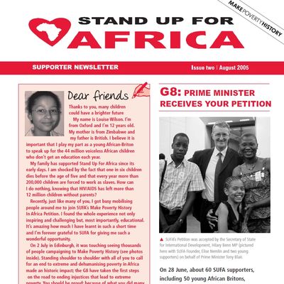Newsletter cover urging support for Africa's education and poverty issues.