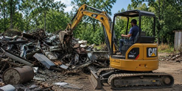 A man operating a CAT excavator clearing scrap metal outdoors.