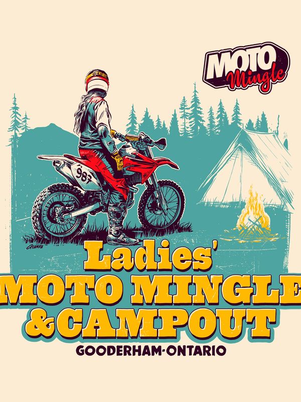 Illustration of a motorcyclist camping with text.