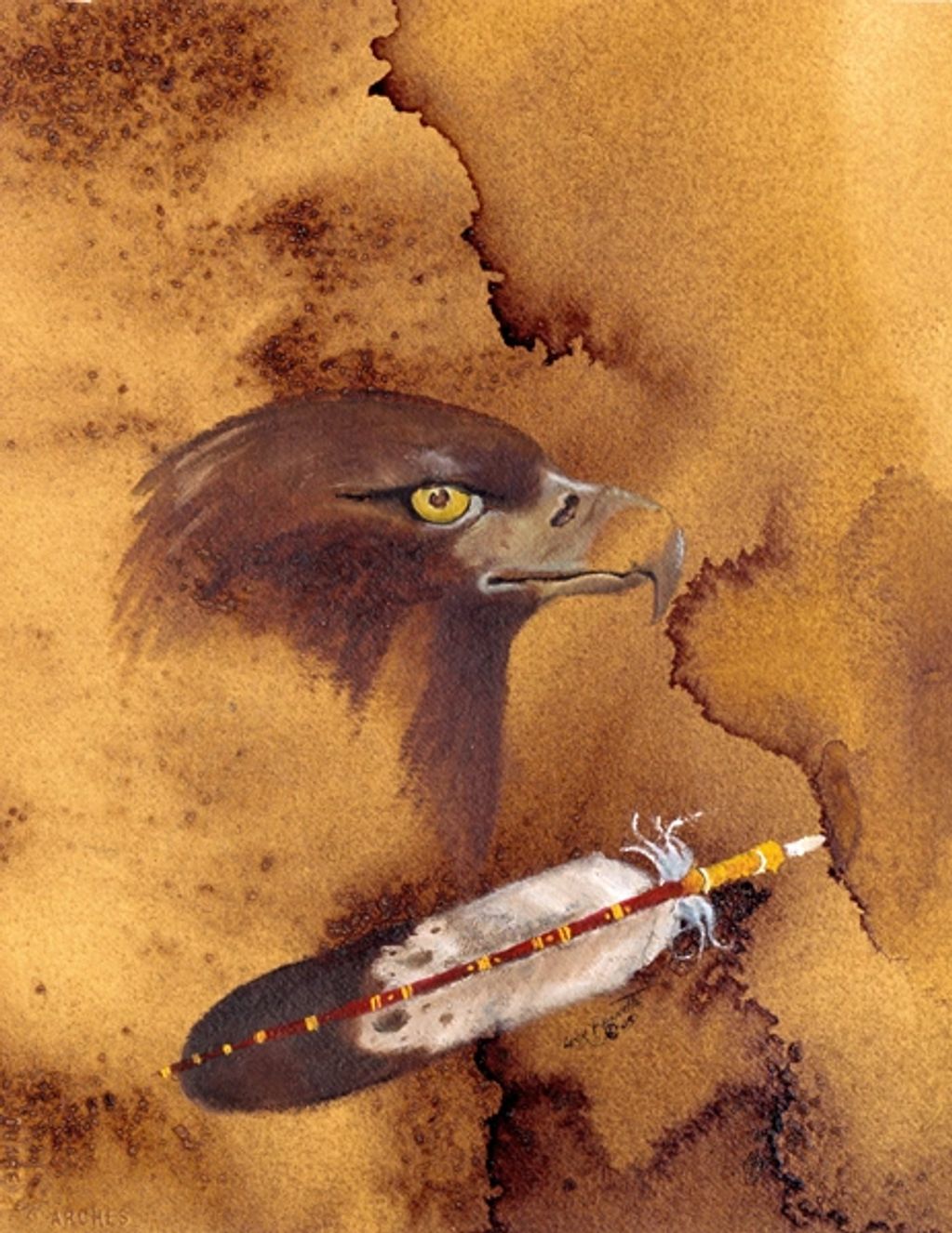 Watercolor painting of an eagle head and a feathered arrow.