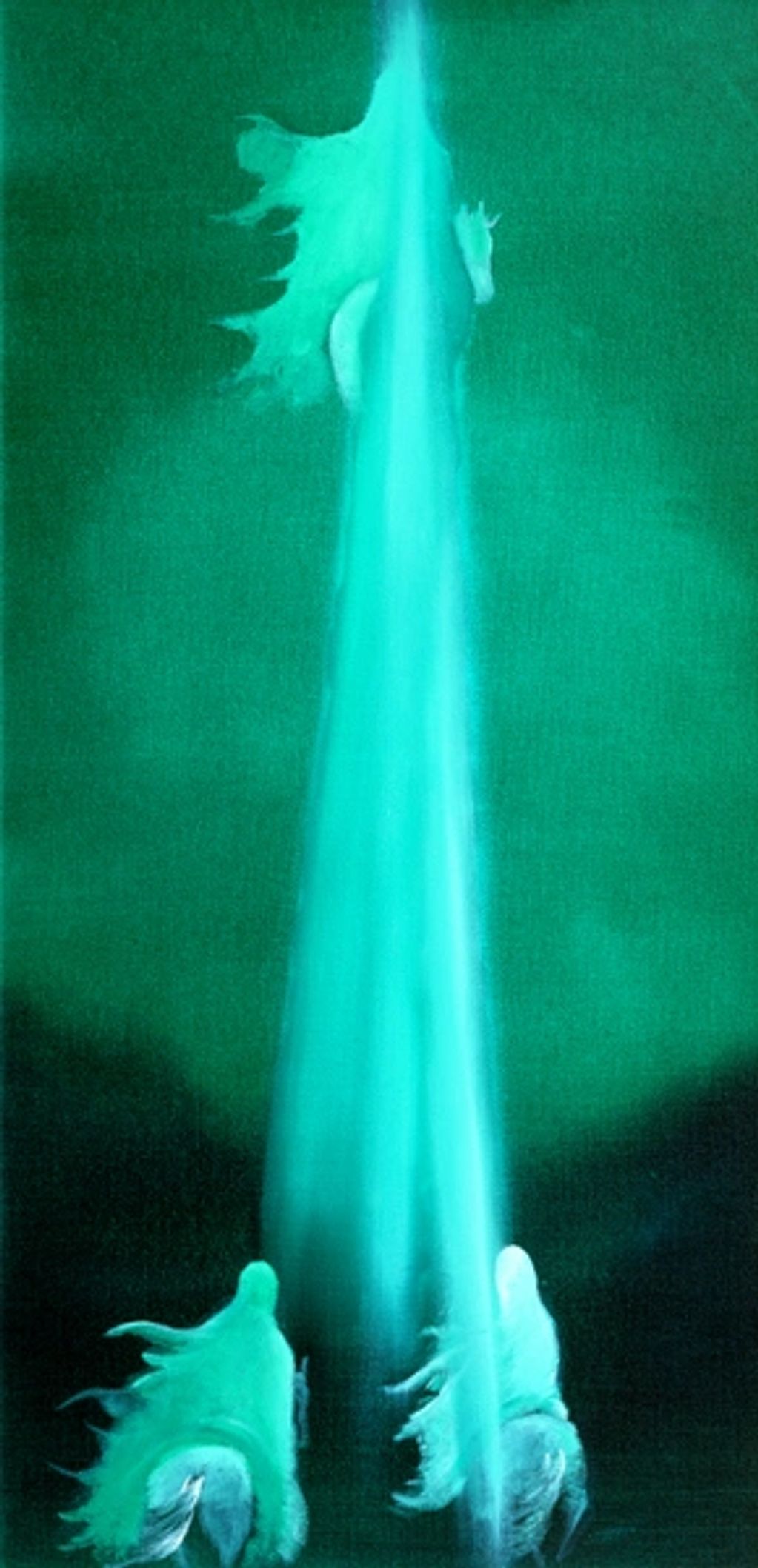 Two ethereal horses with flowing manes illuminated by a vertical beam of light in a dark setting.