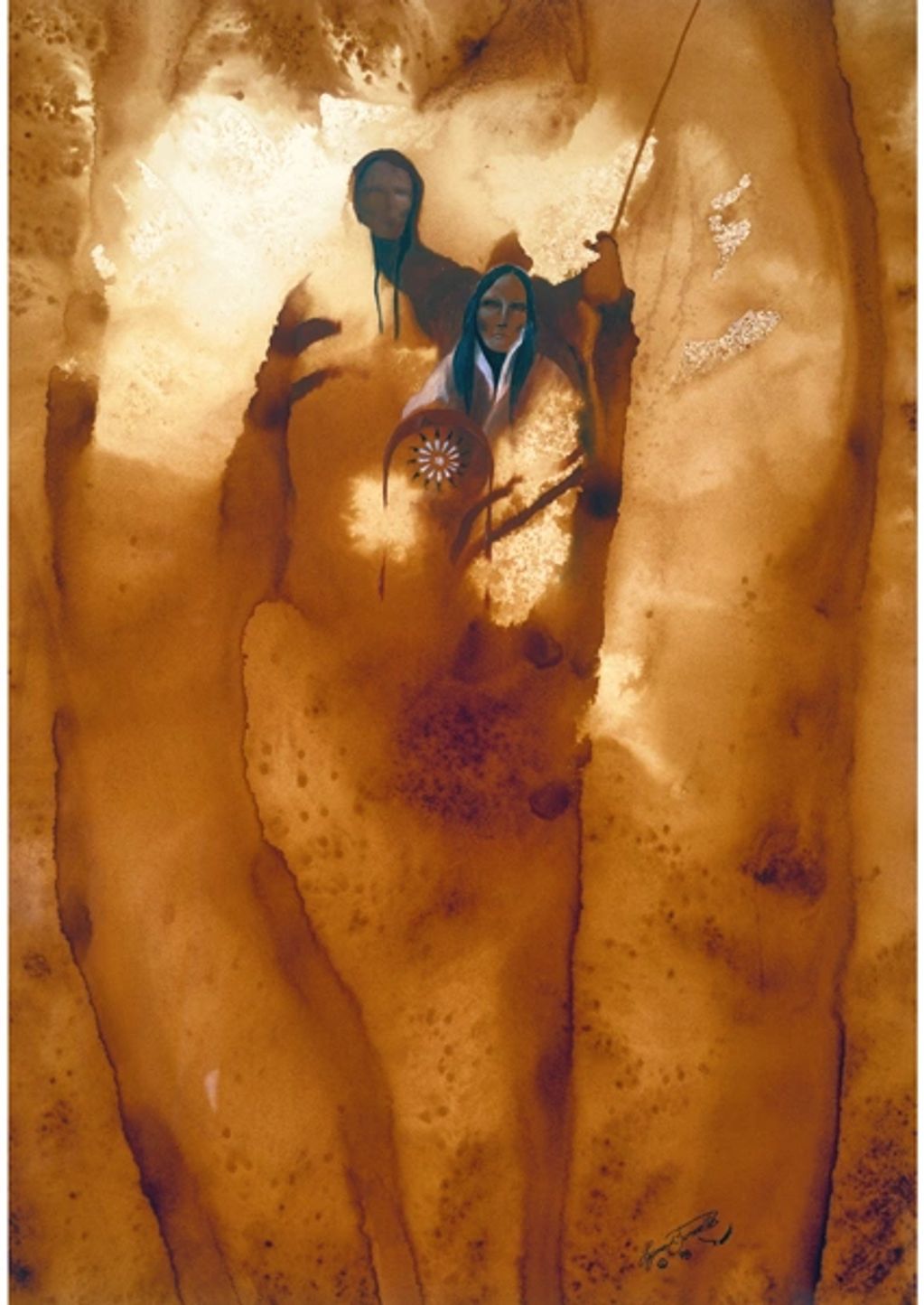 Abstract painting of two figures with tribal elements in warm brown tones.