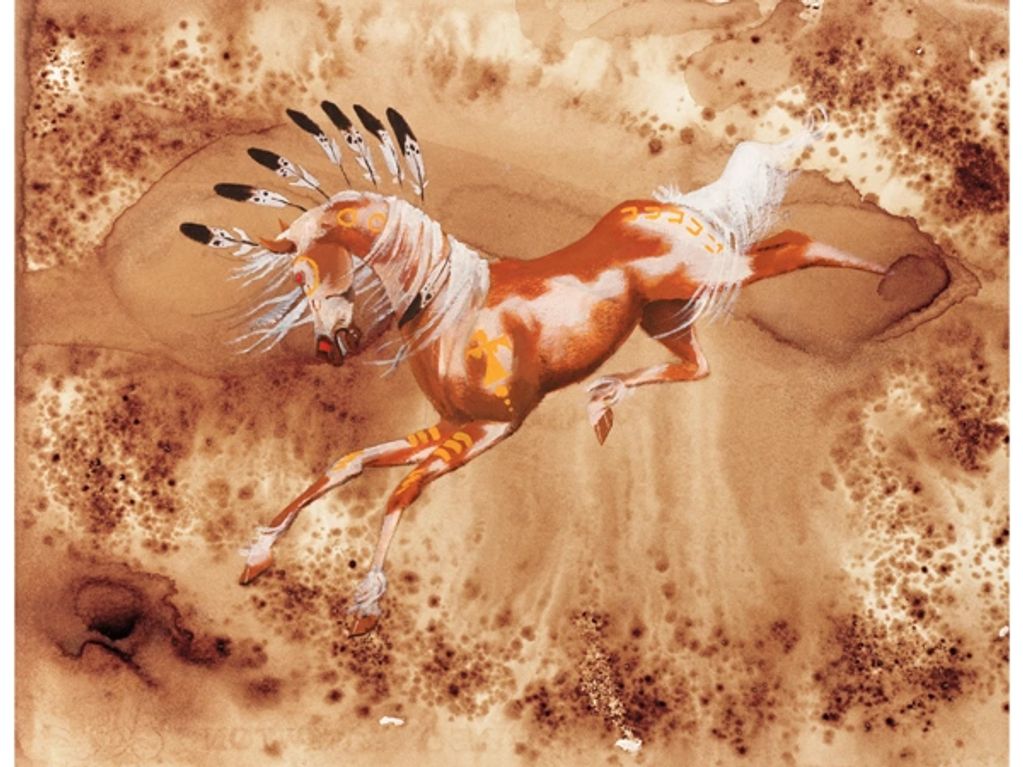 Artistic painting of a decorated horse with feathers and tribal markings.