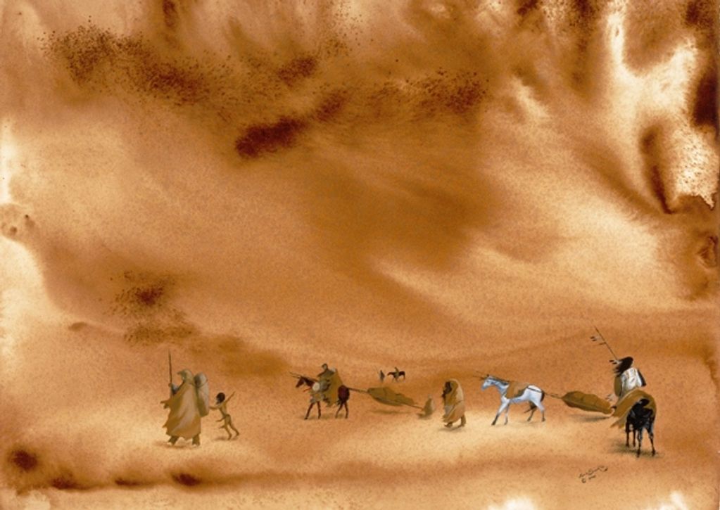 A desert caravan of people and animals crossing sandy dunes under a vast sky.