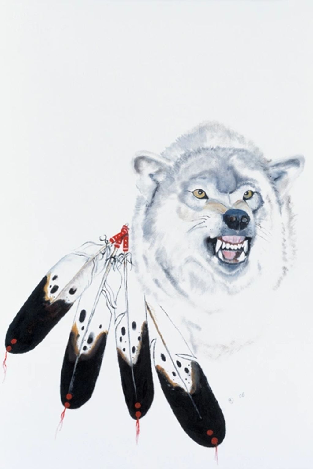 Illustration of a snarling wolf with feathers attached, blending wildlife and Native American symbolism.