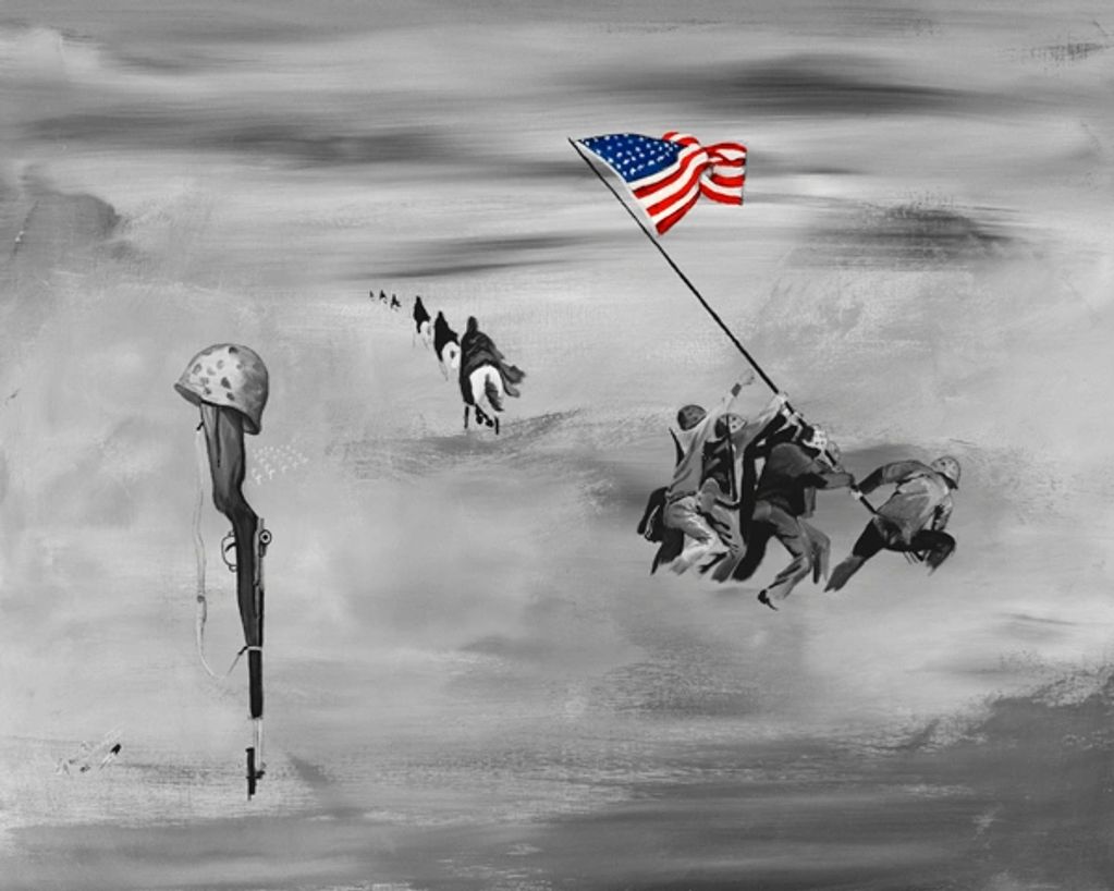 Soldiers raising an American flag in a symbolic grayscale battlefield scene.