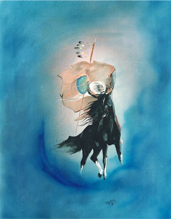 A Native American warrior on a black horse against a blue background.