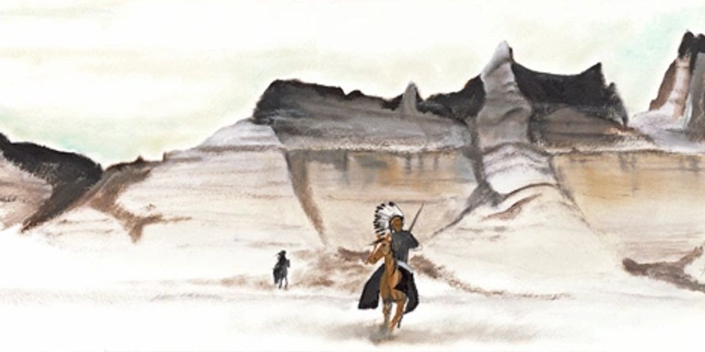 Two figures journey through a vast desert landscape with towering rock formations.