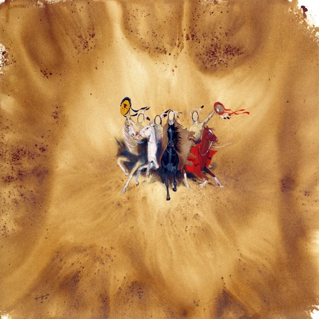 Abstract painting of four riders on horses against a textured brown background.