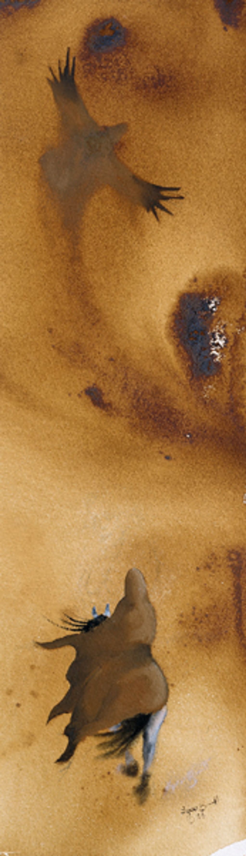 A cloaked figure on horseback under a large bird silhouette in a sepia-toned scene.