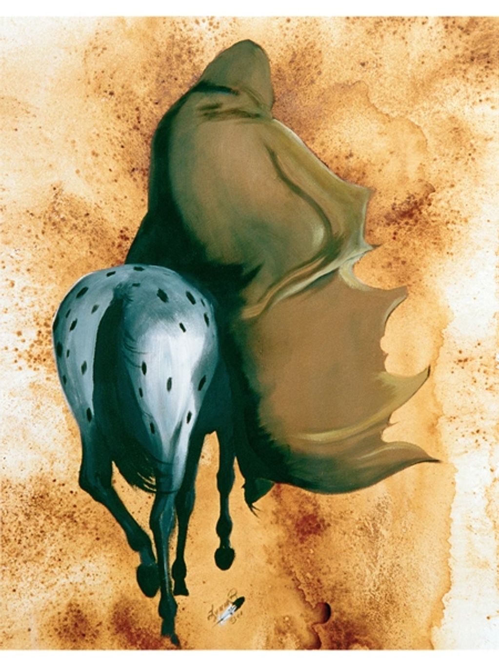 A horse with a flowing cape on a textured brown background.