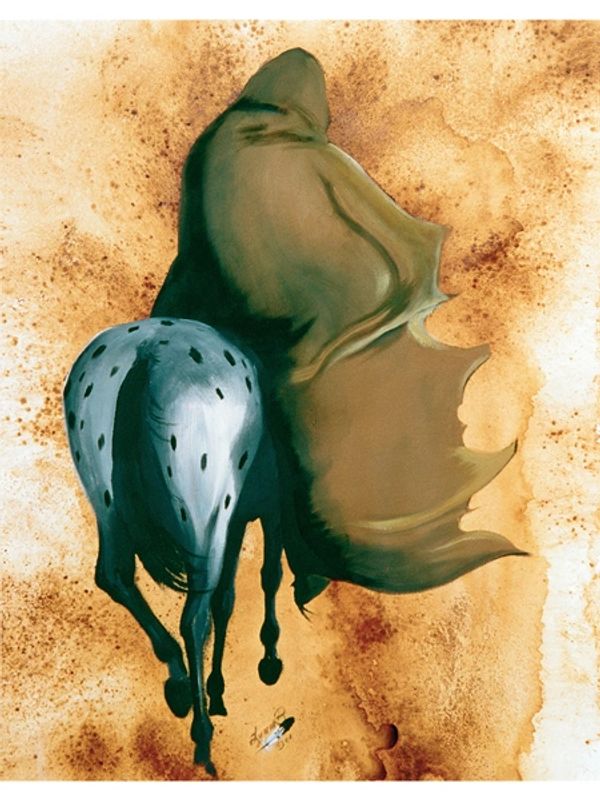 Surreal painting of a horse with a bat wing instead of a head.