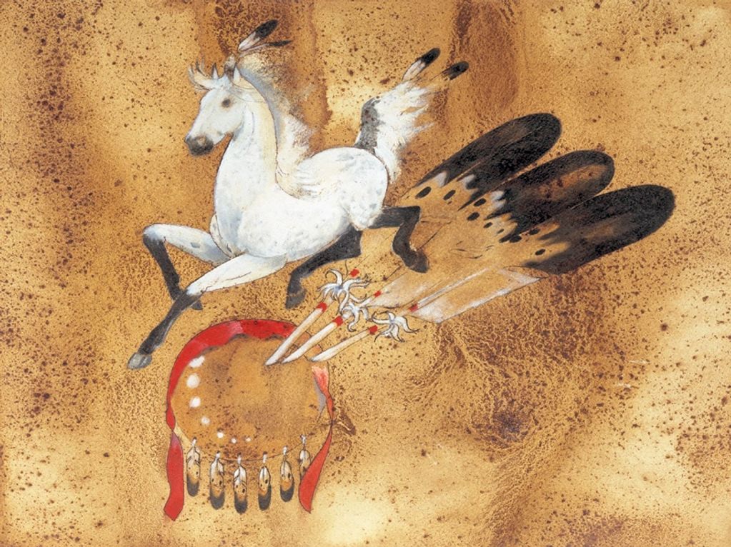A white horse with wings and feathers leaps over a decorated drum.