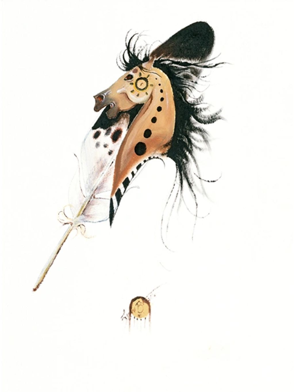 Artistic horse head design on a feather with intricate patterns.