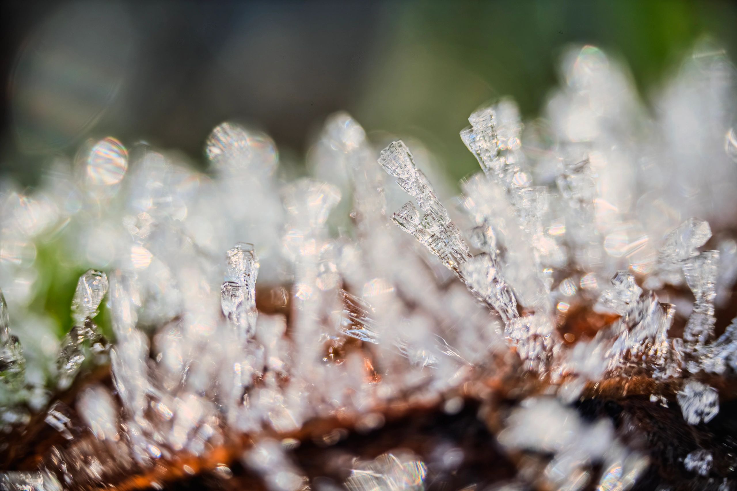 Close-up of sparkling ice crystals on a natural surface.