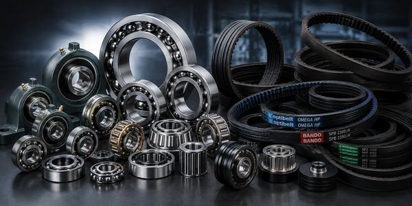 Various ball bearings and drive belts arranged in an industrial setting.