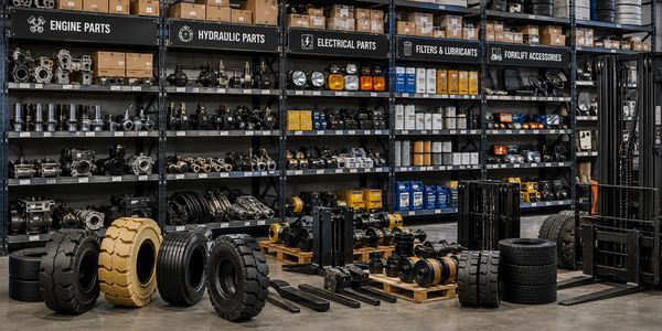 Forklift parts organized on shelves with tires and forklift in front.
